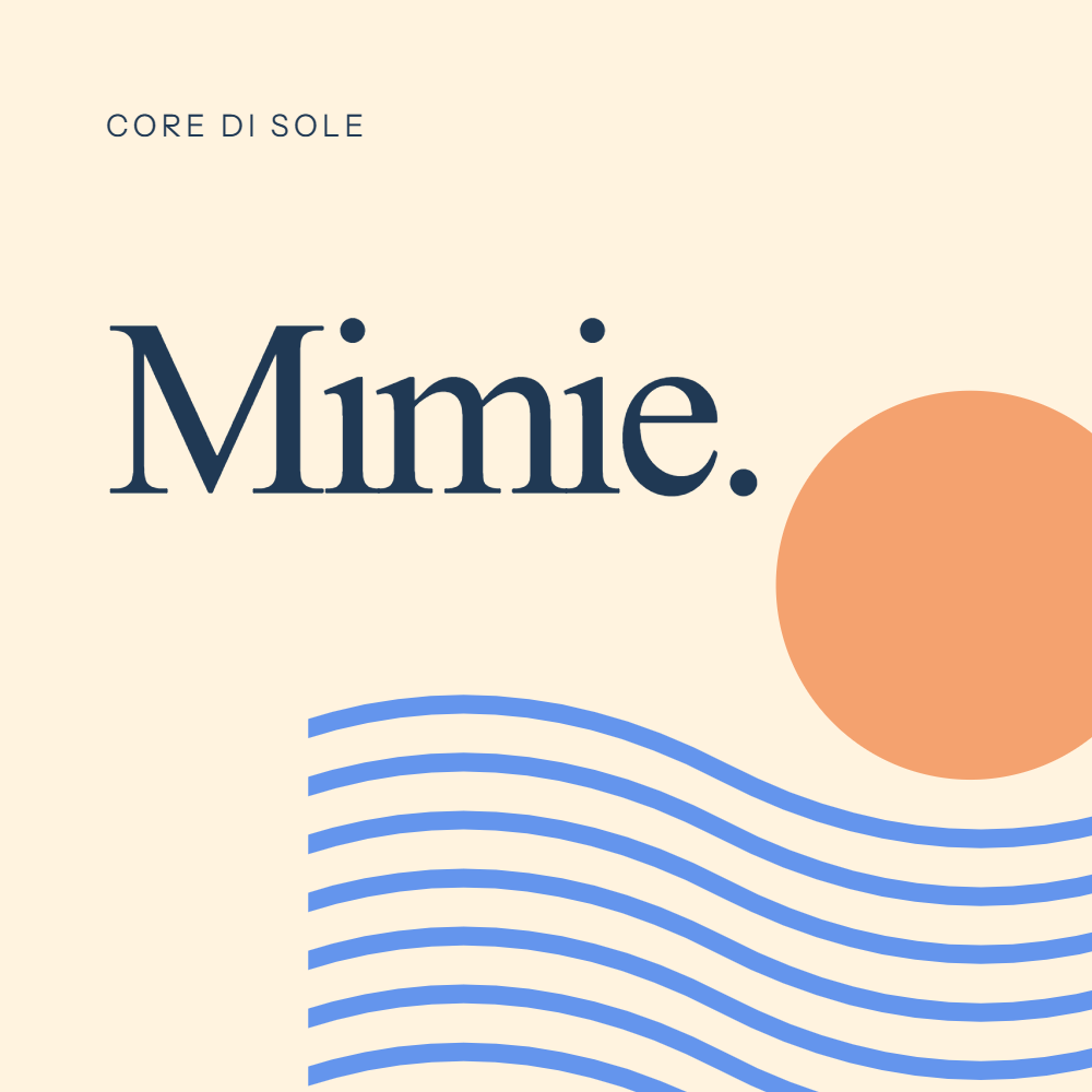 Mimie — Core di Sole. Un soleil abricot et des vagues bleuet sur fond crème.